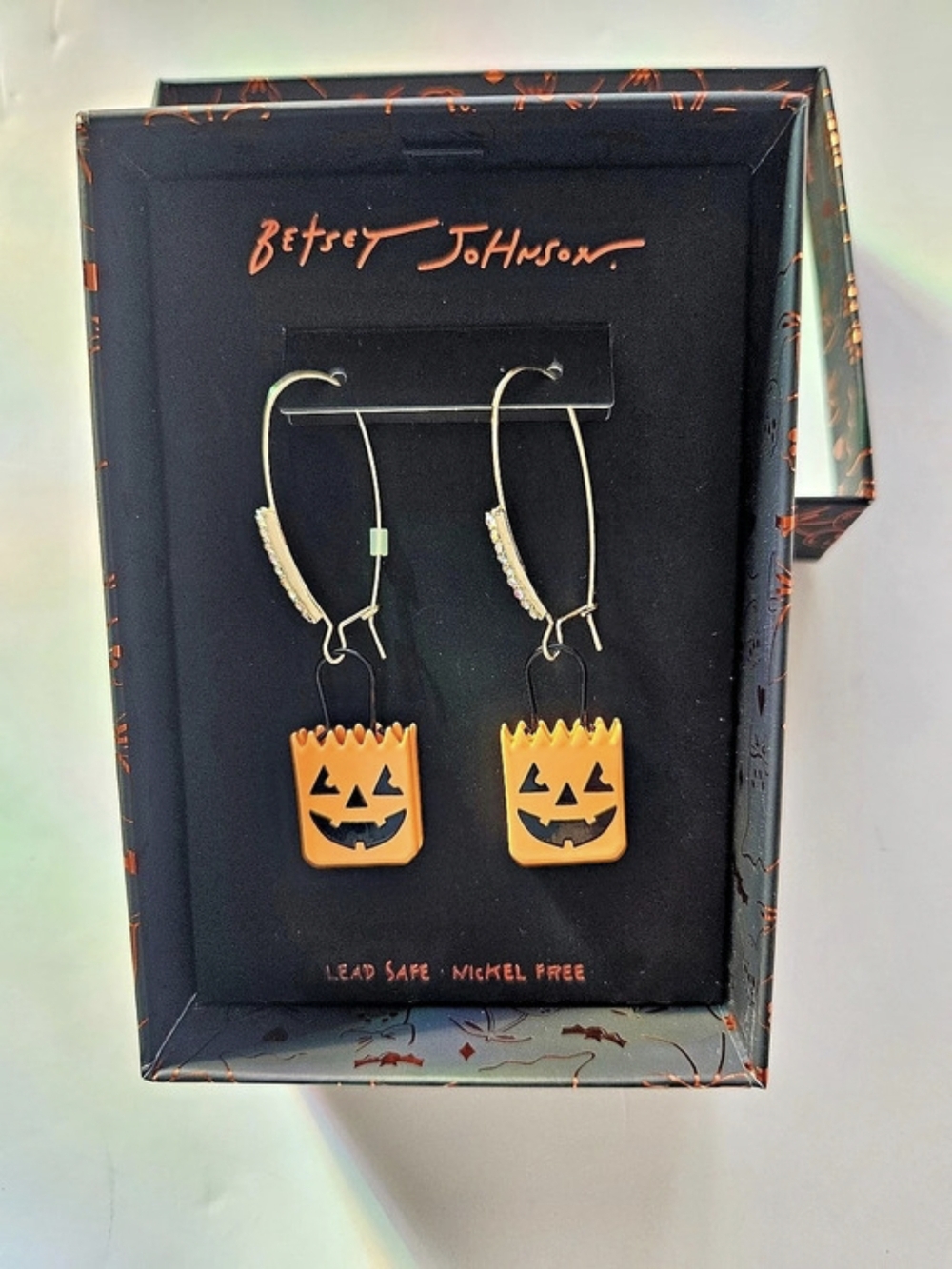 Betsey Johnson Trick or Treat Bag Drop Earrings Orange & Black